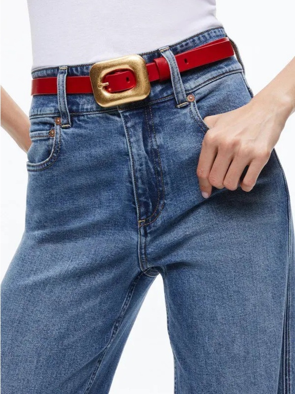 Alice + Olivia Letty Belt Perfect Ruby Red with Rounded Square Gold Buckle L